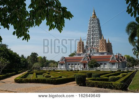 Wat Yan Sang Wararam Woramahawihan temple are the mondop where a replica of the Buddha's footprint is enshrineda large chedi containing Buddha relics. Pattaya, Thailand.