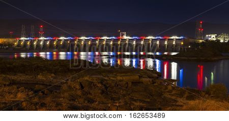 Colorful Dam in the Columbia River Gorge at The Dalles Oregon