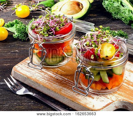 Fresh Vegetable Salad In Jars. Healthy Food.
