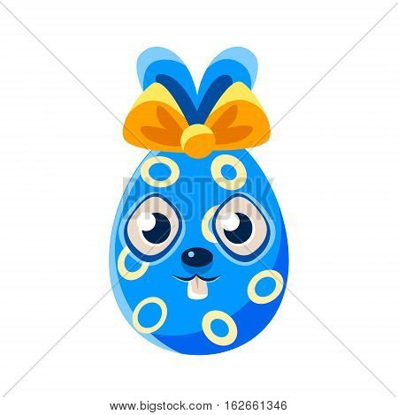 Easter Egg Shaped Blue Easter Bunny With Bow Colorful Girly Religious Holiday Symbol Emoji. Adorable Rabbit As Christian Holyday Traditional Decoration Vector Element.