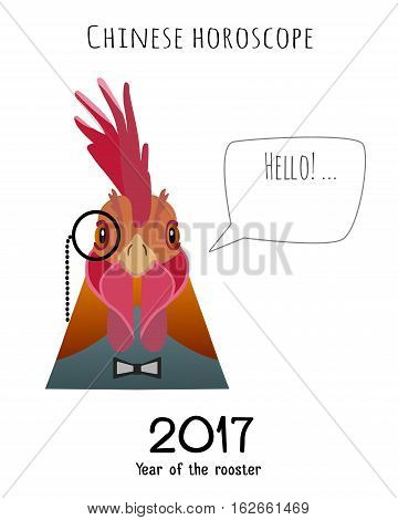 Vector hipster flat rooster wearing black bowtie and monocle saying hello isolated. Object for advertisement, web page design, poster, banner, print element. Flat, cartoon style