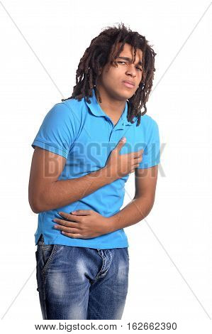 Portrait of feels sick ixed race teen boy isolated on white background