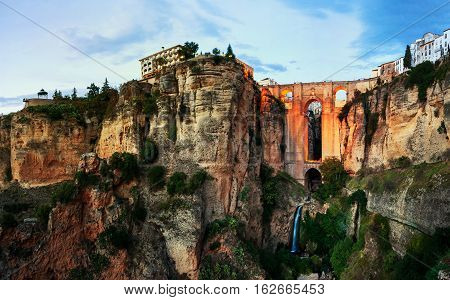 Ronda Spain. Illuminated New Bridge over Guadalevin River in Ronda Andalusia Spain. Popular landmark in the evening