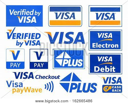 Moscow, Russia - 21 December, 2016: Different logotypes of payment system Visa, printed on white paper