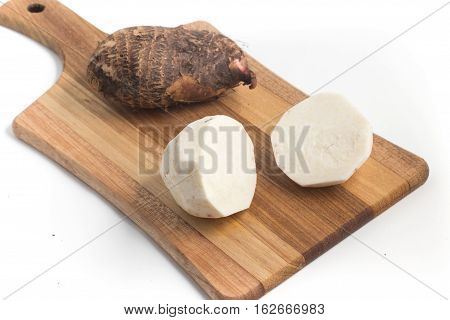 Yam Inhame Cara. Colocasia esculenta isolated on white background