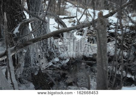 Ice winter water river wood stone snow