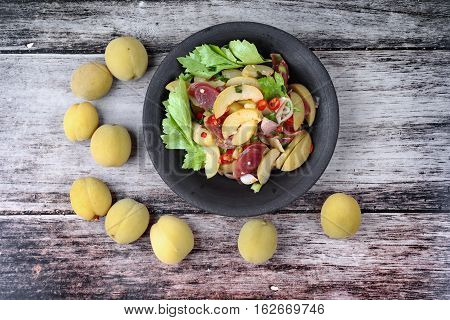 Spicy Sour Chinese Sausage Salad With Peach Honey - Compote .