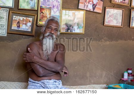 DABANA, SRI LANKA - CIRCA DECEMBER 2016: Vedda chief Uruwarige Wannila Aththo.. Veddas are an indigenous people of Sri Lanka living in tribes in the jungle
