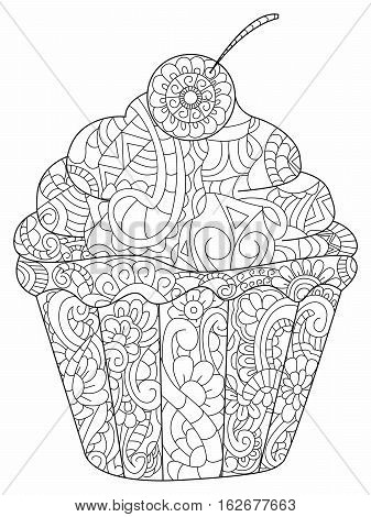 Cake coloring book for adults vector illustration. Anti-stress coloring for adult. Zentangle style bakery products. Black and white lines cream. Lace pattern cherry