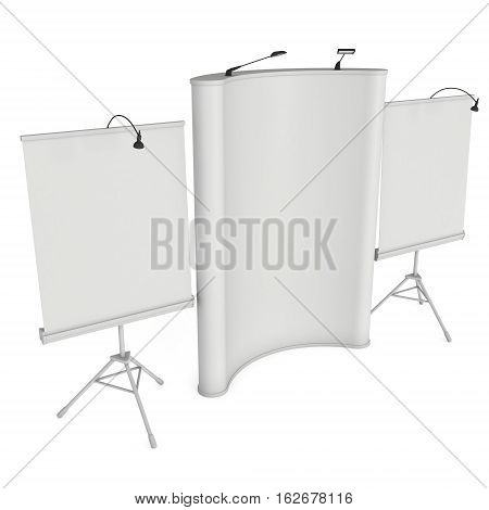 Blank Roll and Pop Up Expo Banner Stand Group. Trade show booth white and blank. 3d render illustration isolated on white background. Template mockup for your expo design.