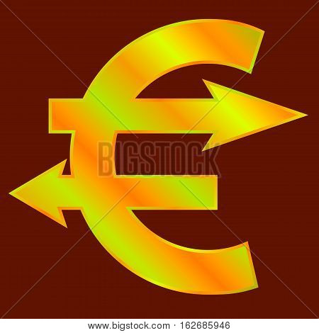 Golden euro sign with two arrows like pointers. Vector illustration.