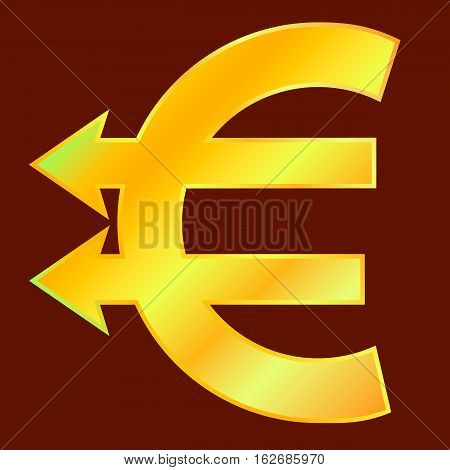 Golden euro sign with two arrows like pointers. Vector illustration.