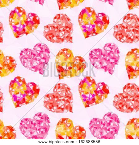 Valentine Holiday Background with Color Hearts, Low Poly Abstract Pattern, Colorful Polygonal Background. Vector