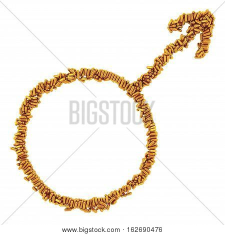 Male Gender Sign Made out of Gold Capsules. In the Shape of Sign. Medical Drugs Relationship Symbol. Isolated on White. Clipping Path. 3D Illustration.