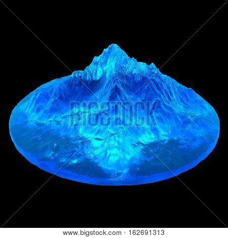 Blue Ice Mountains or Iceberg Isolated On Black. Xmas Decoration. New 2017 Year Decoration. Christmas Baubles. Circular Island. Frozen Water. Clipping Path. Isolated on Black. 3D Illustration