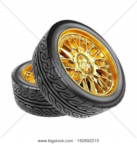 Gold Car Wheels with the Rubber Tires. Clipping Path.  Isolated on White. 3D Illustration