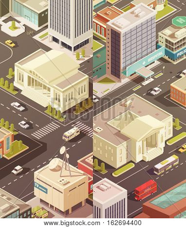 Government buildings isometric vertical banners set with state institutions symbols isolated vector illustration