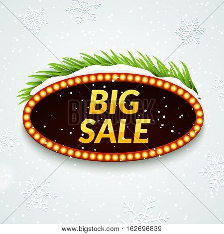 Big sale winter sale sign design template. Xmas season clearance discount. Market promotion advertising with fir branches.
