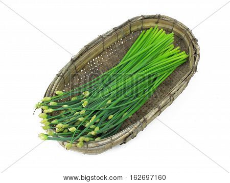 bunch of fresh chives on a wooden cutting board