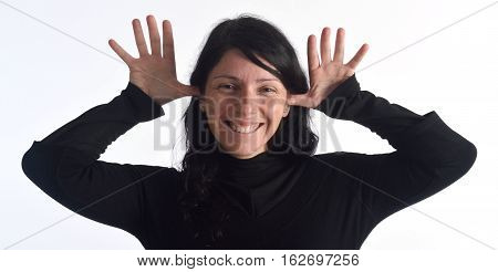 Woman making mockery on a white backrogund