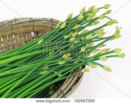 bunch of fresh chives on a wooden cutting board