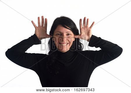 Woman making mockery on a white color