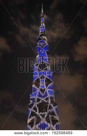 DUBAI, UAE - DEC 9: The LED lights show at Burj Khalifa in Dubai, UAE, as seen on Dec 9, 2016. The show titled Ascension was created by London-based Yusuke Murakami and Tangent Design and Invention.