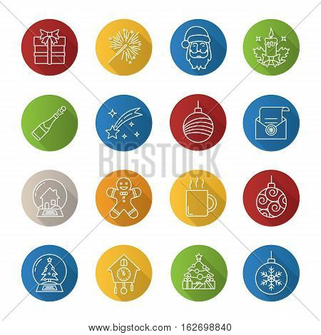 Christmas and New Year. Flat linear long shadow icons set. Xmas tree balls, snow globes, sparkler, letter to Santa Claus, candle, clock, mug, gingerman, champagne. Vector line illustration