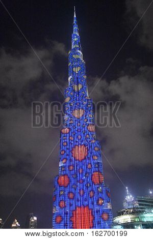 DUBAI, UAE - DEC 9: The LED lights show at Burj Khalifa in Dubai, UAE, as seen on Dec 9, 2016. The show titled Ascension was created by London-based Yusuke Murakami and Tangent Design and Invention.