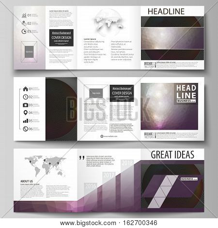 Set of business templates for tri fold square design brochures. Leaflet cover, abstract flat layout, easy editable vector. Dark color triangles and colorful circles. Abstract polygonal style modern background.