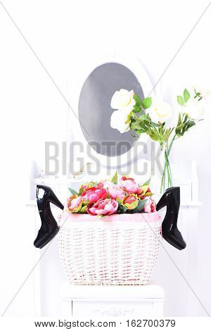 Black Shoes In Vintage Basket