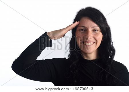 Woman making a military greeting on a white background color
