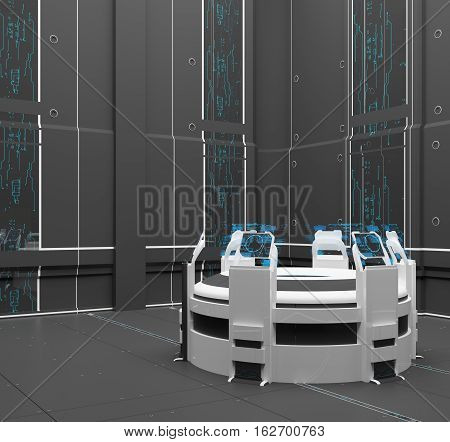 3D rendering. Futuristic interior. Projection. Hologram Control panel Future Center