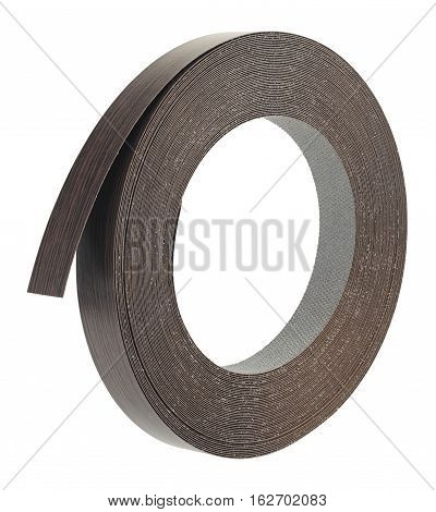 Plastic pre glued edge banding tape for furniture decor and repair. Object is isolated on a white background.