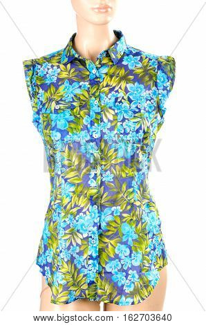 blouse with floral print isolated on white.flower printed jacket dress on a mannequin