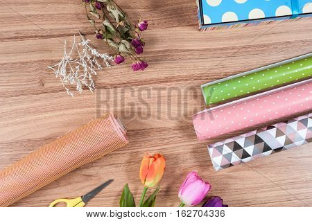 florist desktop with working tools and materials