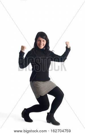 Nice woman showing strength on a white background color