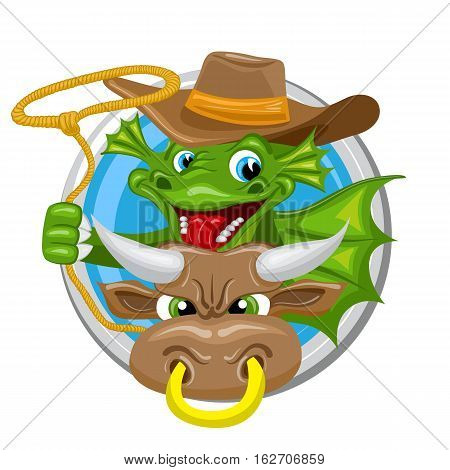 Taurus. Zodiac sign. Horoscope. Green dragon with lasso rides a bull