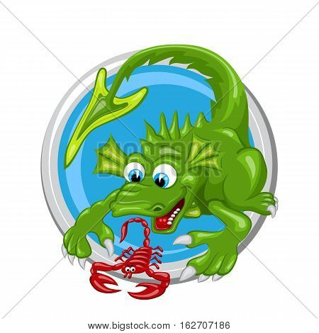Scorpio. Zodiac sign. Horoscope. Green dragon is playing with red scorpion