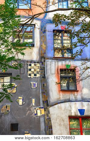 Vienna, Austria - October 14, 2016: Facade Of Huntdertwarsser House In Vienna. The Hundertwasser Hou
