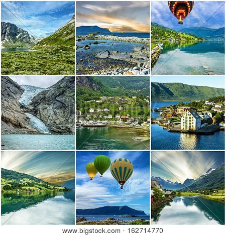 Norway travel collage natural landscapes and landmarks