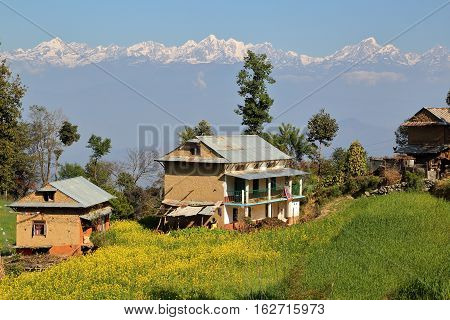 DHULIKHEL, NEPAL: Countryside near Dhulikhel with the Himalaya mountains in the background