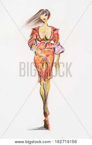 Sketch of woman dressed in trendy fashion with pastel and oil 