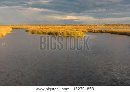 Landscape with small Ukrainian river Konka at fall season