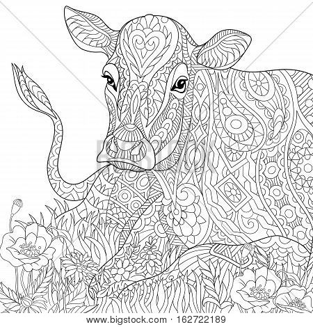 Stylized cartoon cow isolated on white background. Freehand sketch for adult anti stress coloring book page with doodle and zentangle elements.