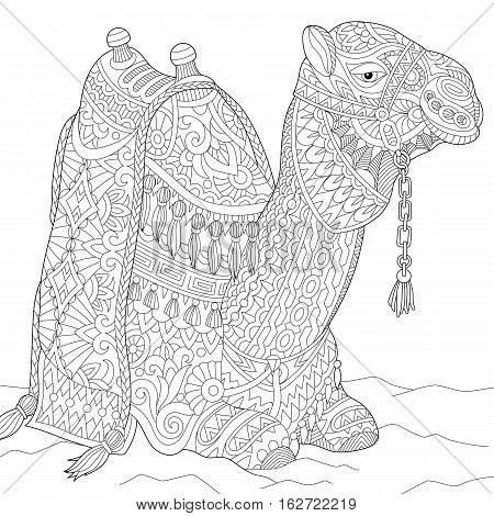 Stylized cartoon camel isolated on white background. Freehand sketch for adult anti stress coloring book page with doodle and zentangle elements.