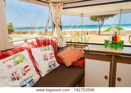 Summer holidaying in retro lusury caravan at beach Mount Maunganui New Zealand
