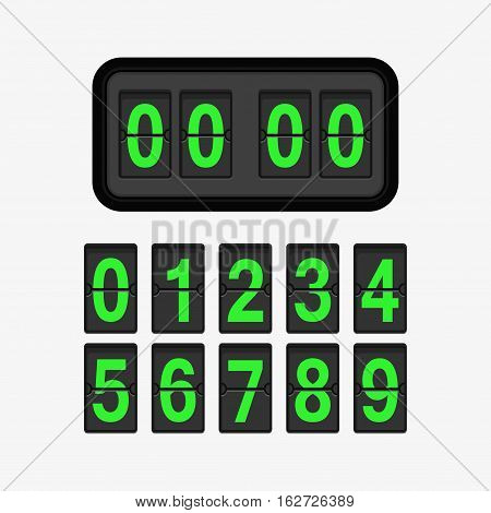 Analog flip clock counter. Retro design with green numbers template. Flat vector stock illustration