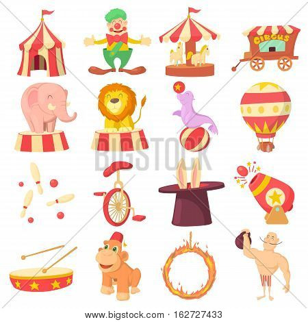 Circus icons set. Cartoon illustration of 16 circus vector icons for web