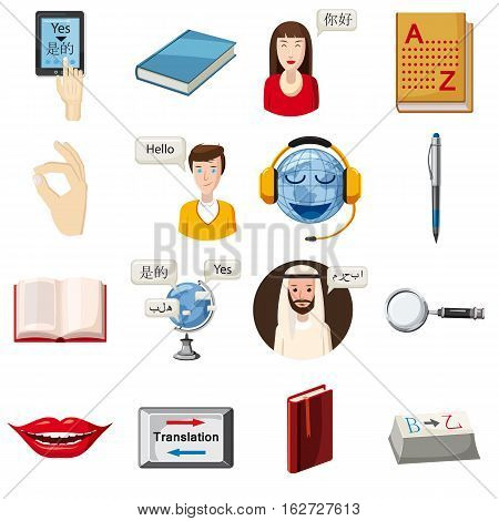 Translator profession tools set. Cartoon illustration of 16 translator profession vector icons for web